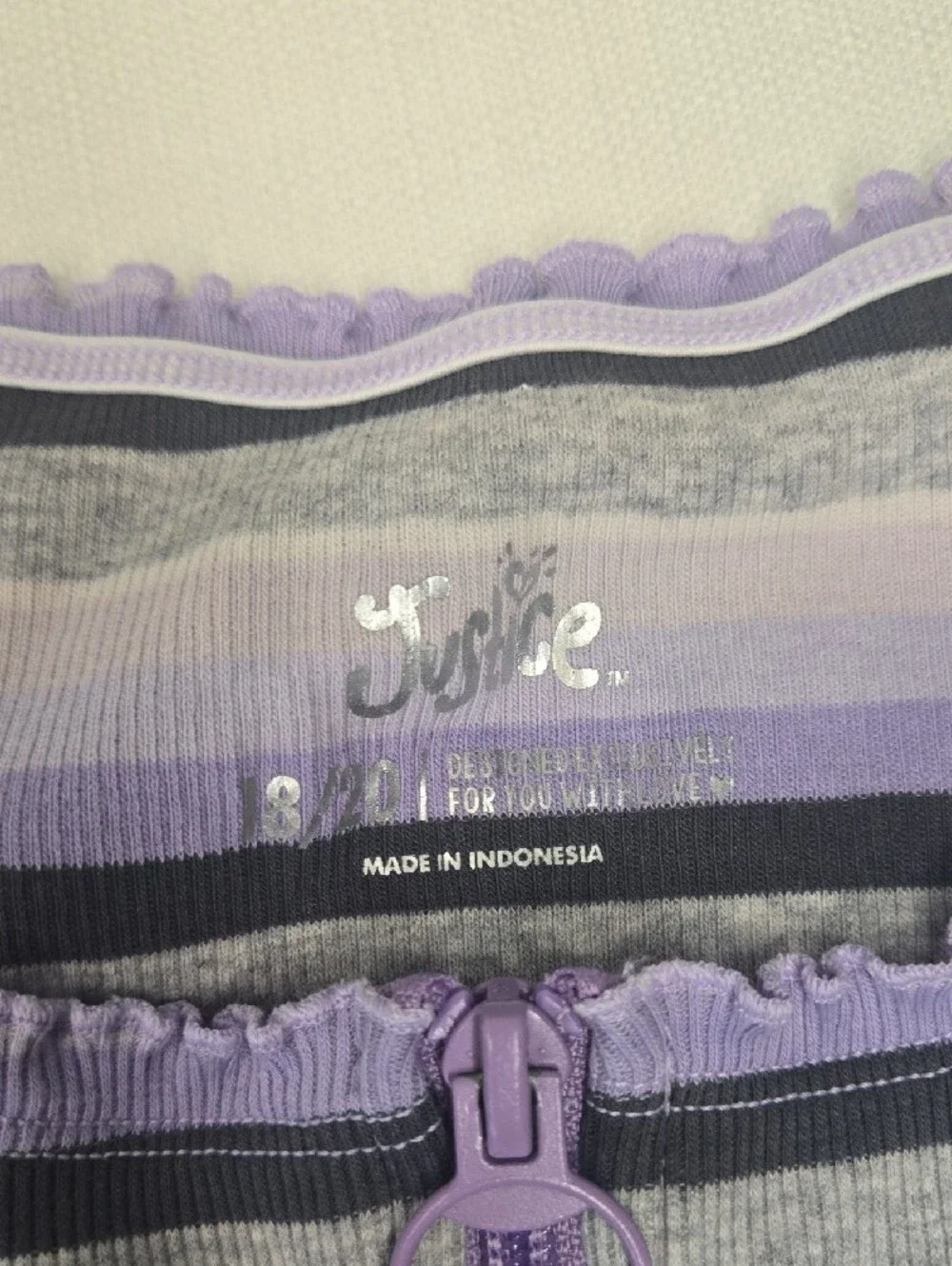 Justice Lavender, Gray & White Striped Crop Top with Front Zip